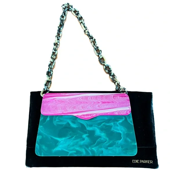 EDIE PARKER Malachite & Pink Acrylic Box Bag Tortoise Chain Hardbody Lady RARE - Picture 1 of 12